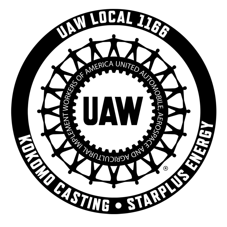 Black UAW logo surrounded by the words UAW Local 1166 Kokomo Casting & Starplus Energy