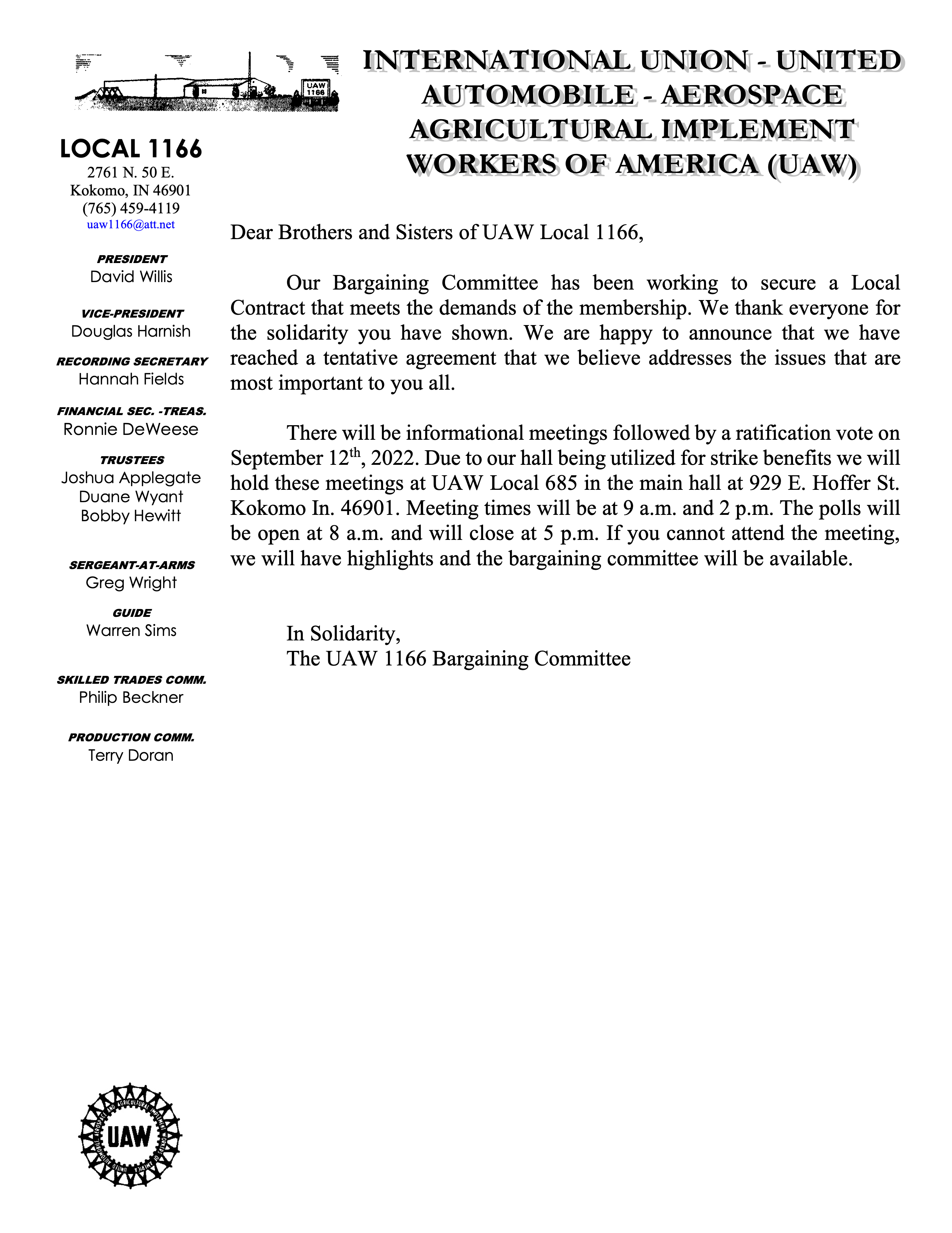 UAW Local 1166 local tentative agreement with KCP