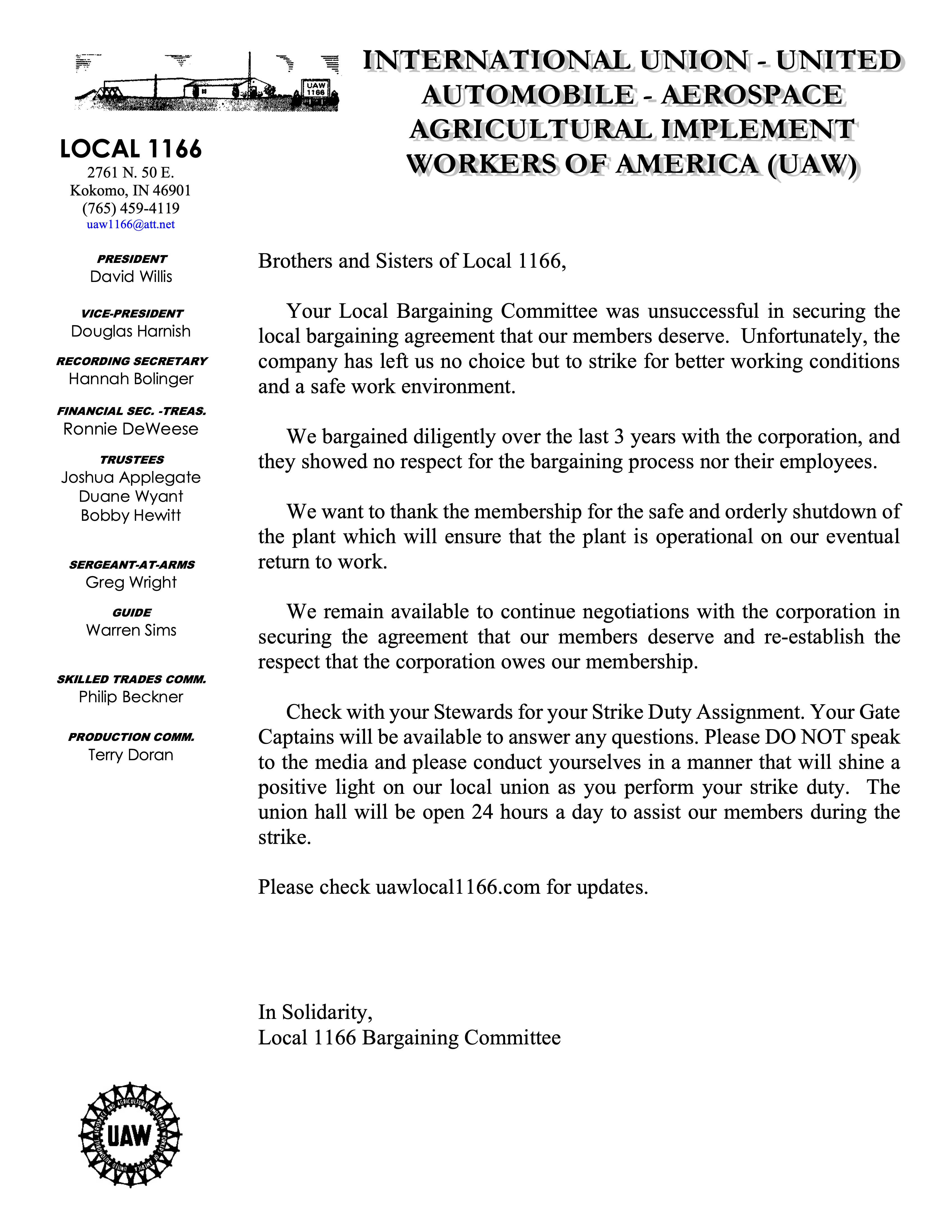 Letter from our Local Bargaining Committee